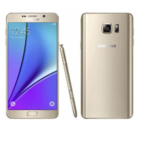 Samsung Galaxy Note 5 image showcasing the gold platinum color and stylus.