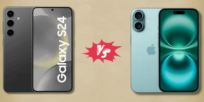 Samsung Galaxy S24 vs iPhone 16 comparison with phones displayed side by side.