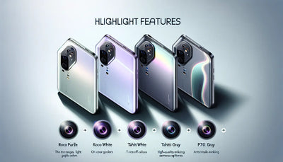 Huawei Pura 70 series highlight features showing Roco Purple, Roco White, Tahiti White, and P70 Gray designs.