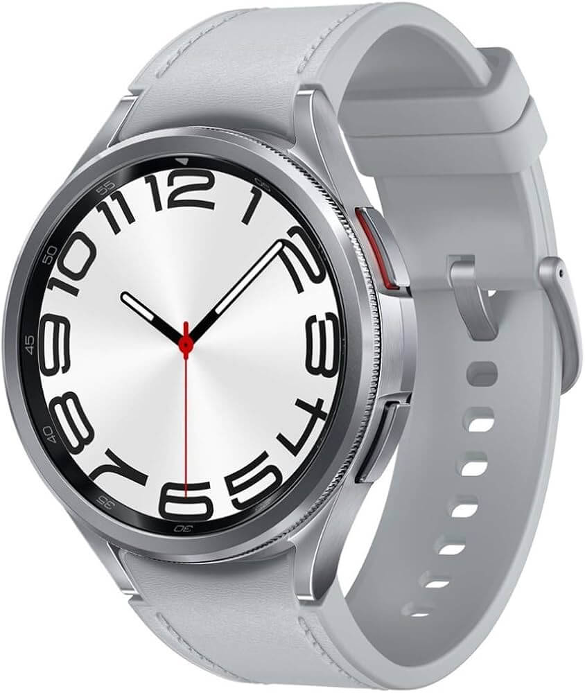 Galaxy Watch 6 Classic 47mm Silver smartwatch with a white strap and large numeral display.