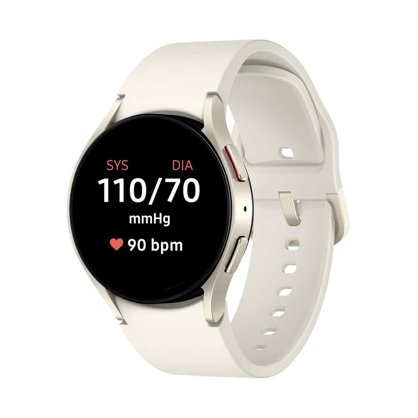 Galaxy Watch 6 40mm Gold displaying health metrics like blood pressure and heart rate on a white strap.