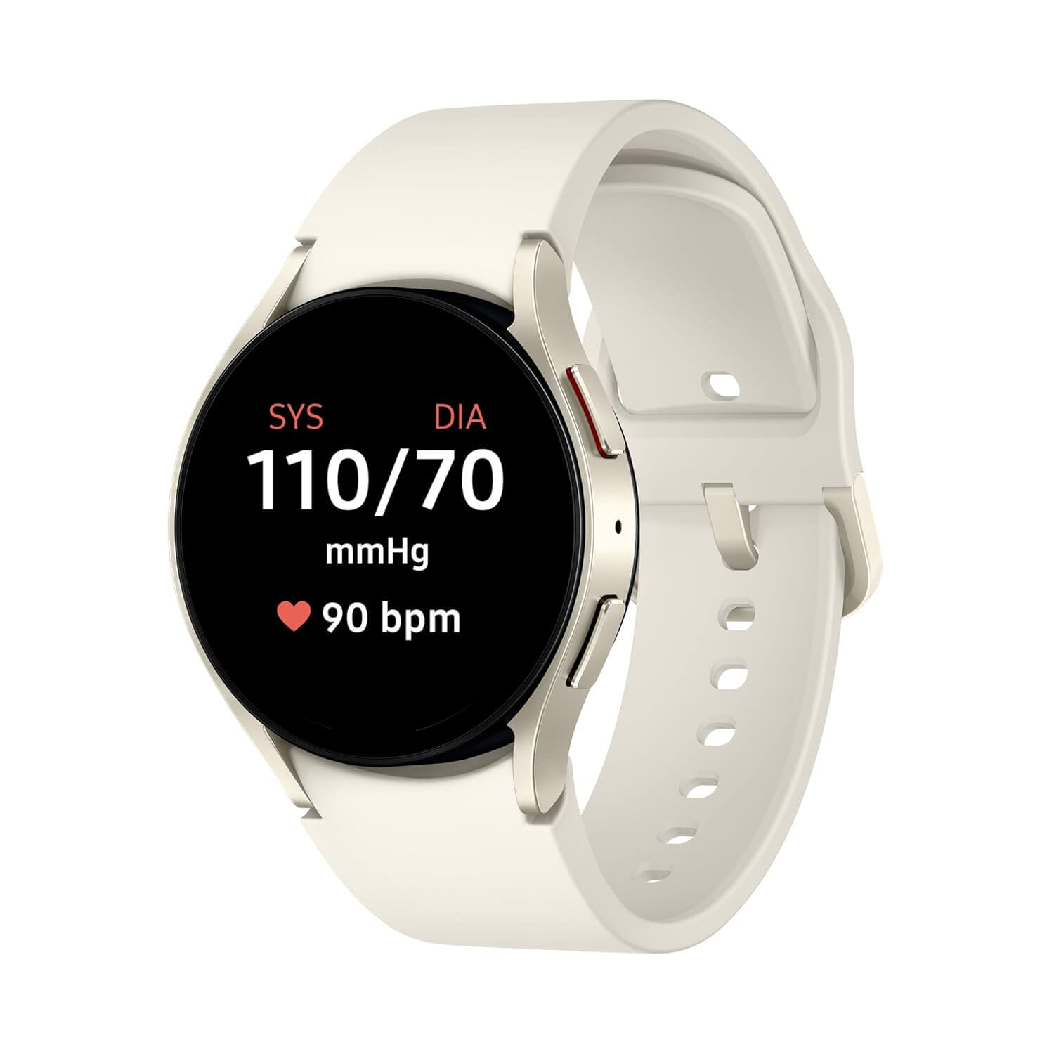 Galaxy Watch 6 40mm Gold displaying health metrics like blood pressure and heart rate on a white strap.