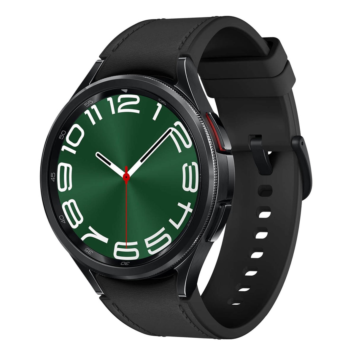 Galaxy Watch 6 Classic 47mm Silver with green dial and black strap displaying sporty time features.