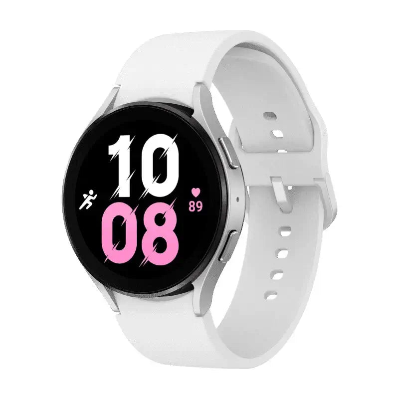 Samsung Galaxy Watch 5 with a white strap displaying time and fitness metrics on the screen.