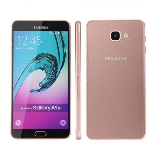 Samsung Galaxy A9 smartphone in rose gold color, showcasing the front and back design with vibrant display.