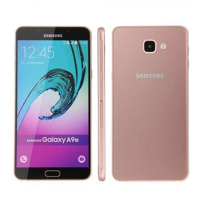 Samsung Galaxy A9 smartphone in rose gold color, showcasing the front and back design with vibrant display.