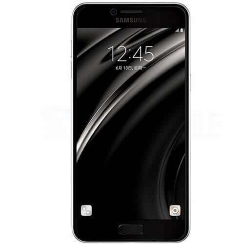 Samsung Galaxy C5 smartphone front view displaying black screen with digital clock, sleek design and modern features.