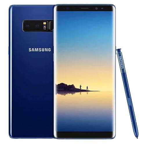 Samsung Galaxy Note 8 in blue color showcasing its dual SIM feature and S Pen.