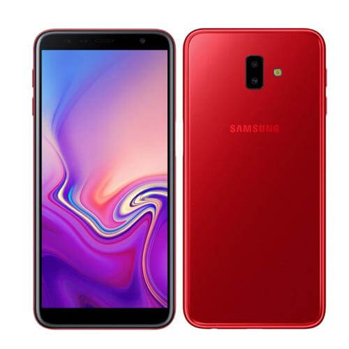 Samsung Galaxy J6 Plus 64GB smartphone shown from front and back in red color