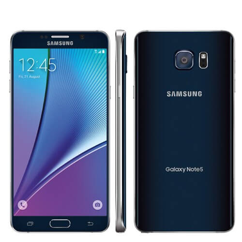 Samsung Galaxy Note 5 in Sapphire Black showing front and back view